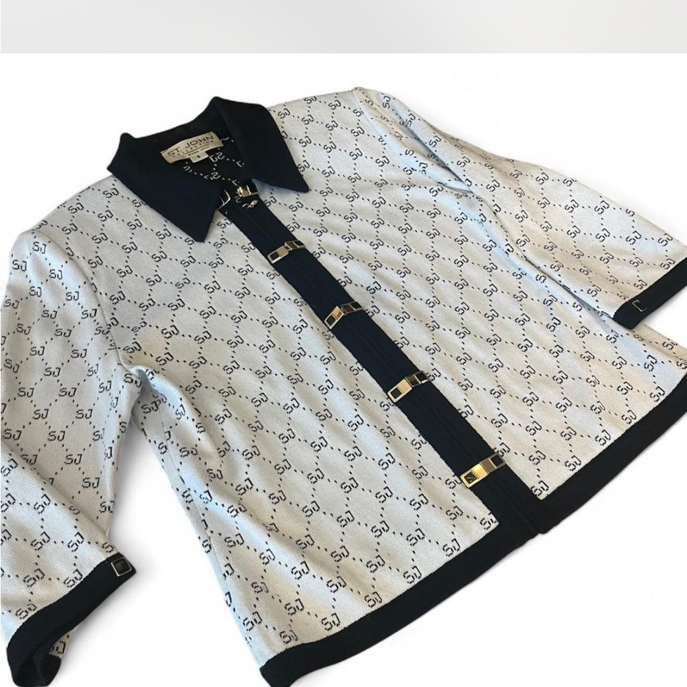 Vintage St. John Black and White Cardigan with Gold Accents